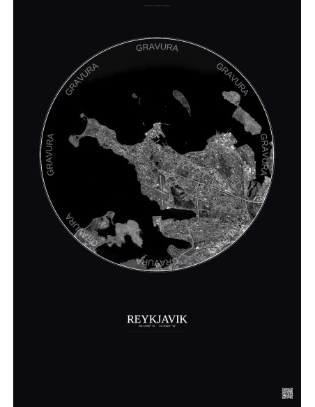 Affiche Reykjavik – Poster vue satellite 6km N&B | Gravura – Fond foncé
