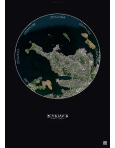 Affiche Reykjavik – Poster vue satellite 6km Couleur | Gravura – Fond foncé