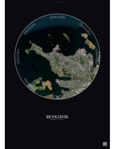 Affiche Reykjavik – Poster vue satellite 6km Couleur | Gravura – Fond foncé