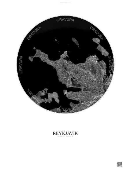 Affiche Reykjavik – Poster vue satellite 6km N&B | Gravura – Fond clair