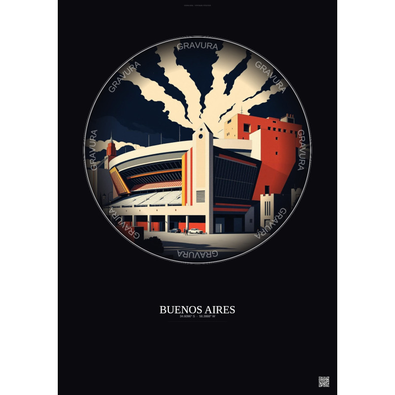 Affiche Buenos Aires – Poster illustration vintage – Mas Monumental Stadium | Gravura – Fond foncé