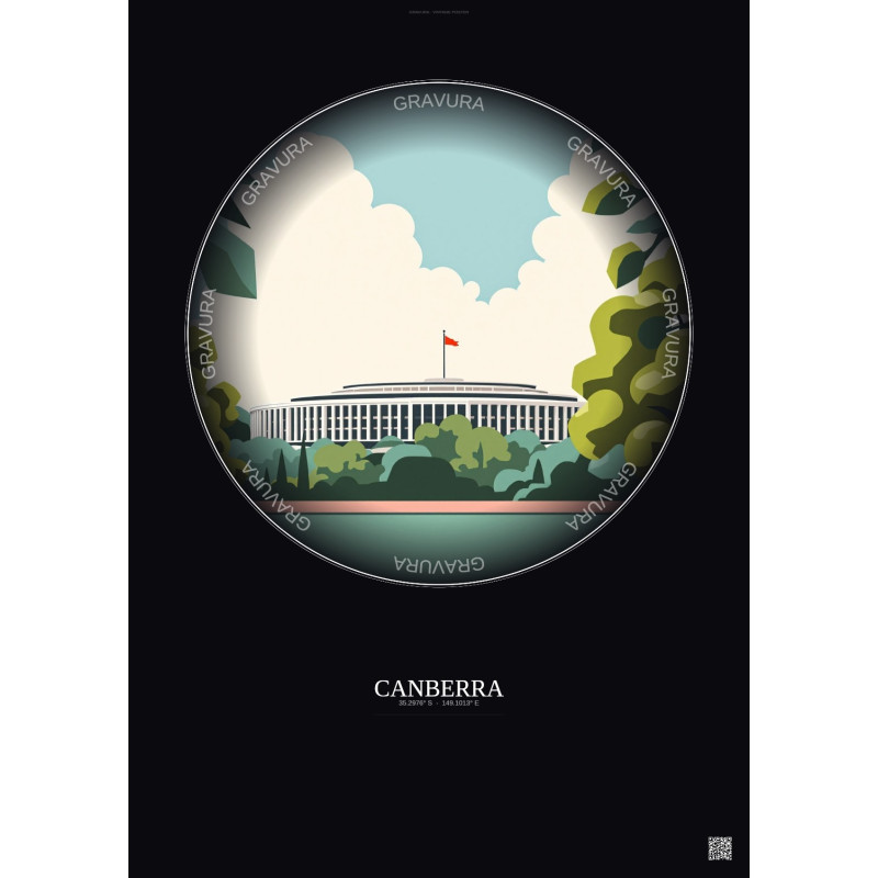 Affiche Canberra – Poster illustration vintage – Parliament House | Gravura – Fond foncé