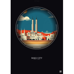 Affiche Baku City – Poster illustration vintage – Famous Viewpoint Of Baku City | Gravura – Fond foncé