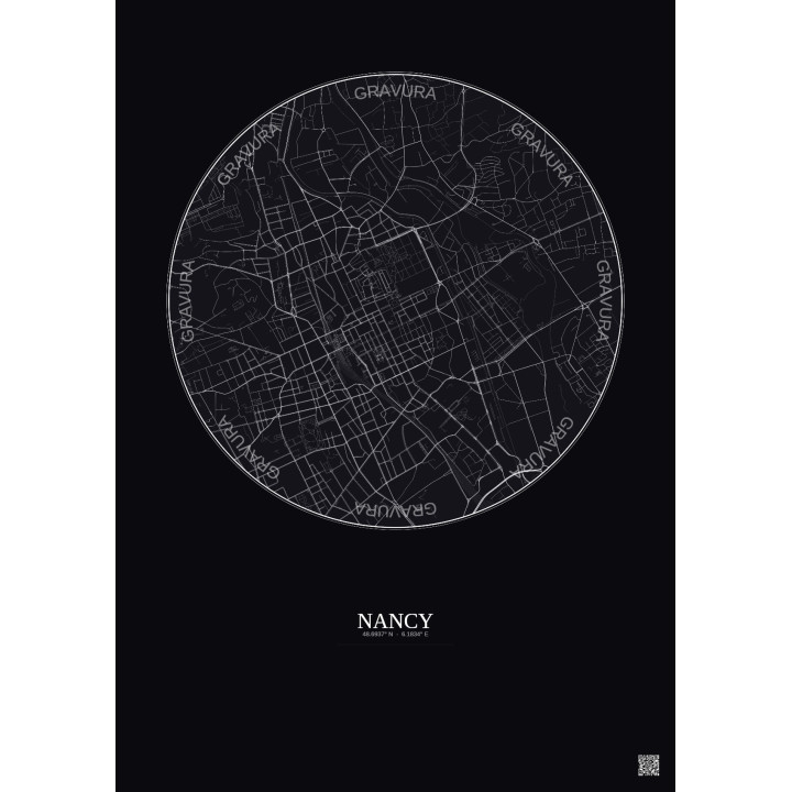 Affiche Nancy – Poster carte de ville 2.5km | Gravura – Fond foncé