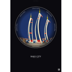 Affiche Baku City – Poster illustration vintage – Most Iconic Landmark Of Baku City | Gravura – Fond foncé