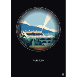 Affiche Sarajevo – Poster illustration vintage – Stadion Grbavica | Gravura – Fond foncé