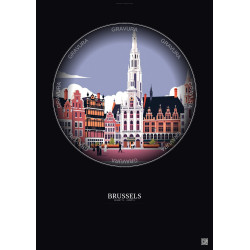 Affiche Brussels – Poster illustration vintage – Grand Place | Gravura – Fond foncé