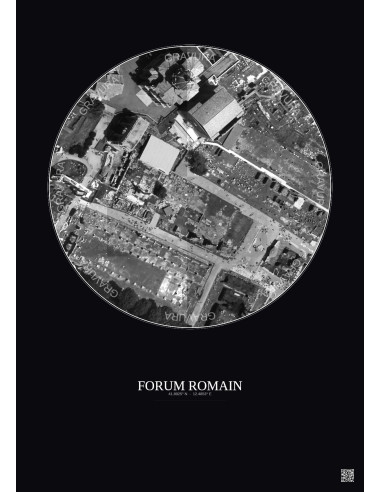 Affiche Forum Romain – Poster vue satellite 0.1km N&B | Gravura – Fond foncé