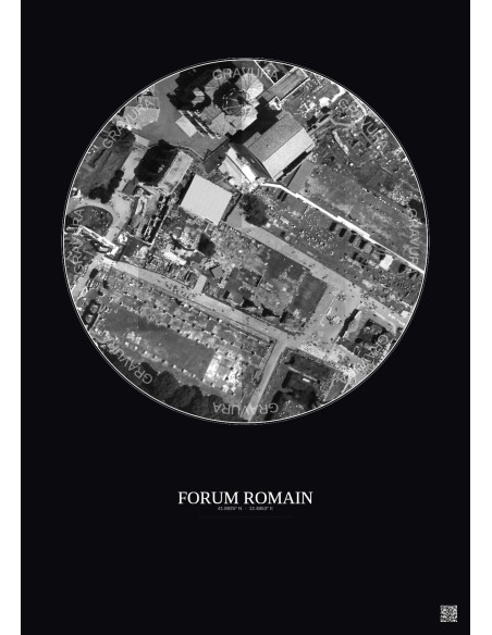Affiche Forum Romain – Poster vue satellite 0.1km N&B | Gravura – Fond foncé