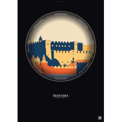 Affiche Manama – Poster illustration vintage – Qalat Al Bahrain | Gravura – Fond foncé