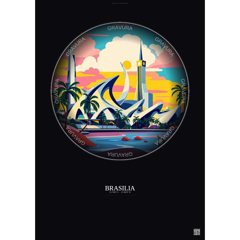 Affiche Brasilia – Poster illustration vintage – Brasilia | Gravura – Fond foncé