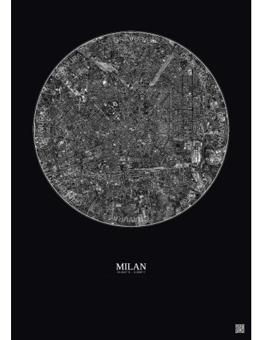 Affiche Milan – Poster vue satellite 5km N&B | Gravura – Fond foncé