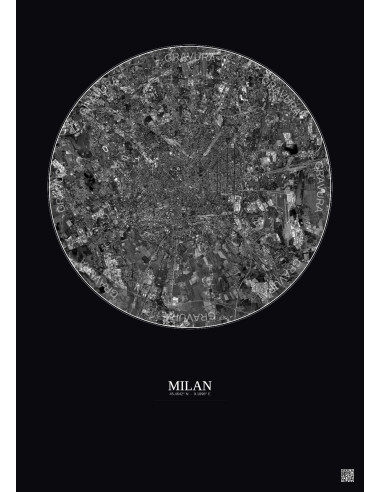 Affiche Milan – Poster vue satellite 10km N&B | Gravura – Fond foncé
