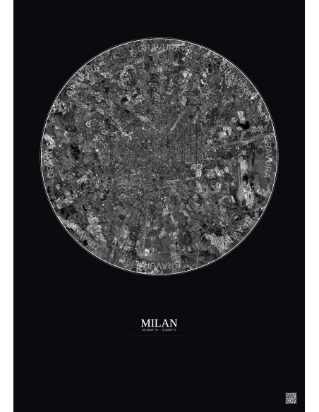 Affiche Milan – Poster vue satellite 10km N&B | Gravura – Fond foncé