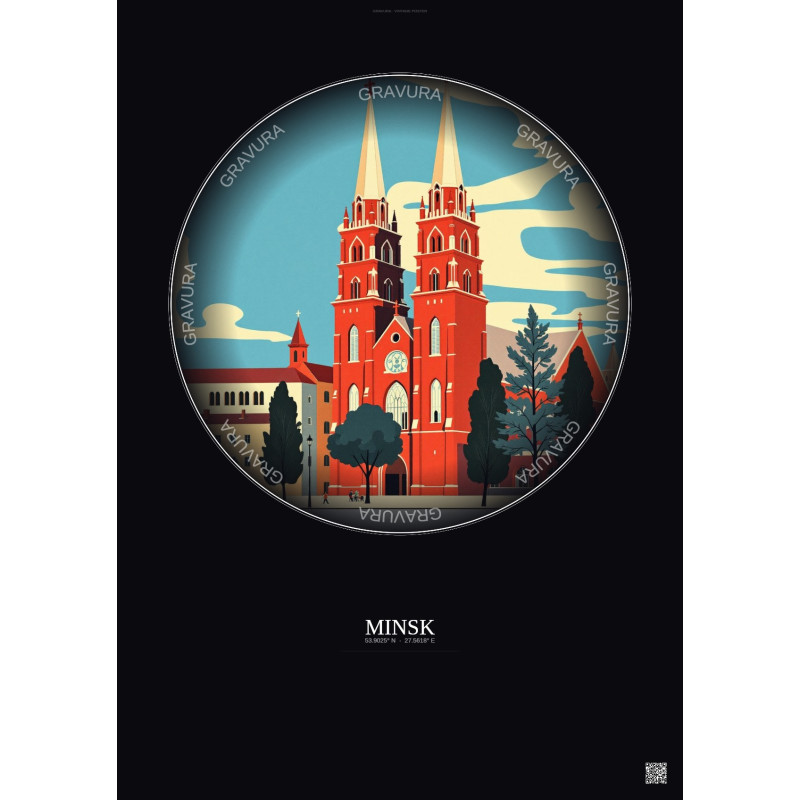 Affiche Minsk – Poster illustration vintage – Church Of Saints Simon And Helena | Gravura – Fond foncé