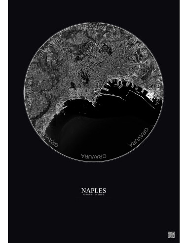 Naples Satellite View Poster 5km B&W | Gravura – Dark background