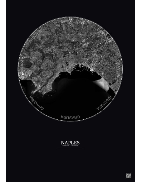 Affiche Naples – Poster vue satellite 10km N&B | Gravura – Fond foncé