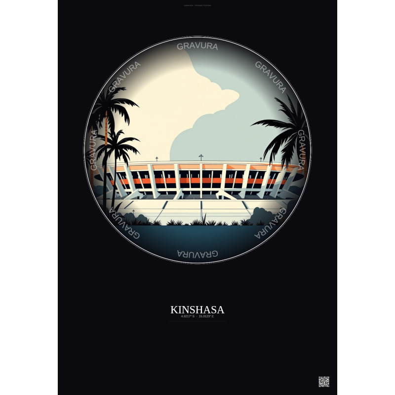 Affiche Kinshasa – Poster illustration vintage – Martyrs Stadium | Gravura – Fond foncé