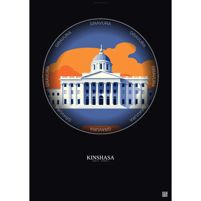 Affiche Kinshasa – Poster illustration vintage – Palace Of The Nation | Gravura – Fond foncé