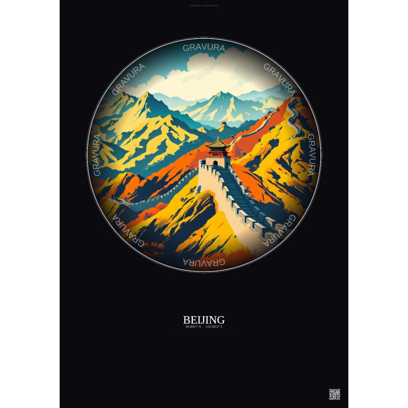 Affiche Beijing – Poster illustration vintage – Famous Viewpoint Of Beijing | Gravura – Fond foncé