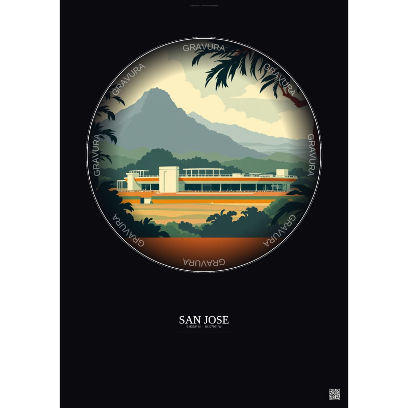 Affiche San Jose – Poster illustration vintage – Estadio Nacional De Costa Rica | Gravura – Fond foncé