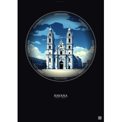 Affiche Havana – Poster illustration vintage – Havana Cathedral | Gravura – Fond foncé