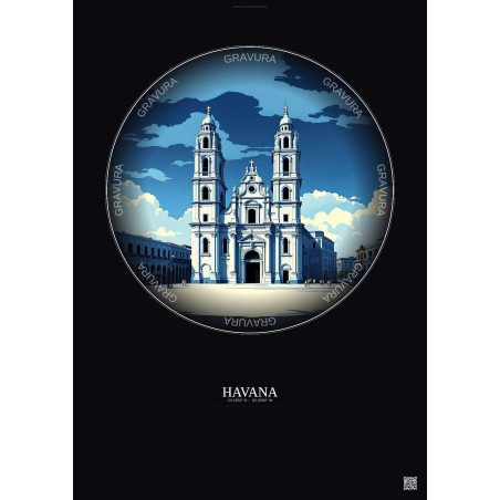 Affiche Havana – Poster illustration vintage – Havana Cathedral | Gravura – Fond foncé