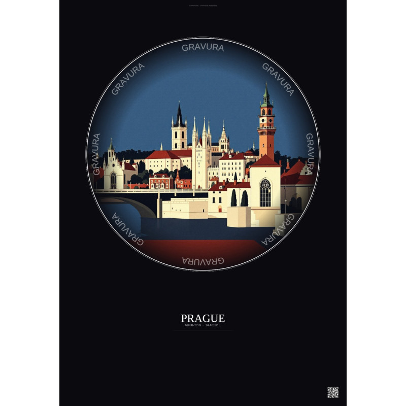 Affiche Prague – Poster illustration vintage – Famous Viewpoint Of Prague | Gravura – Fond foncé