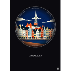 Affiche Copenhagen – Poster illustration vintage – Historic Old Town Of Copenhagen | Gravura – Fond foncé
