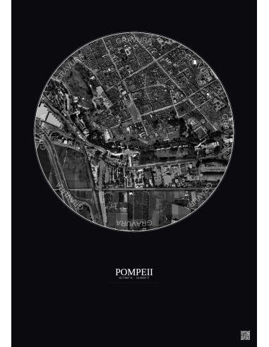 Affiche Pompeii – Poster vue satellite 0.5km N&B | Gravura – Fond foncé