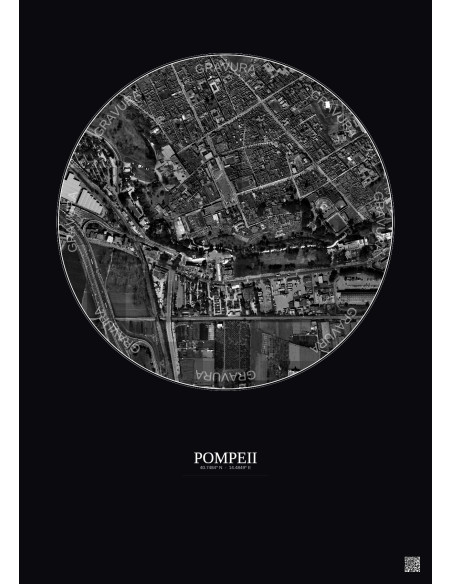 Affiche Pompeii – Poster vue satellite 0.5km N&B | Gravura – Fond foncé