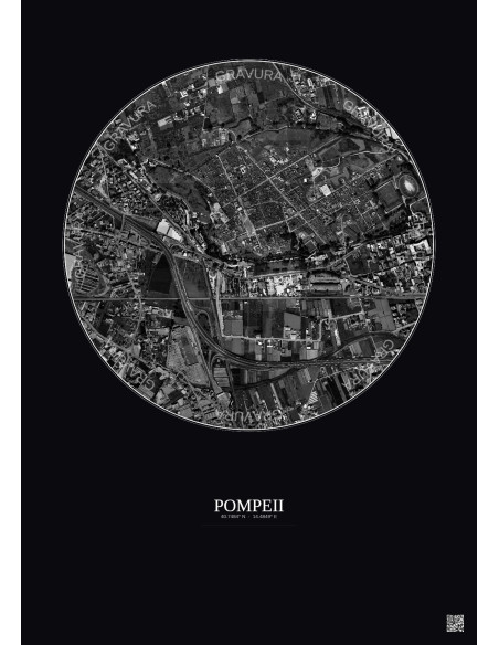 Affiche Pompeii – Poster vue satellite 1km N&B | Gravura – Fond foncé