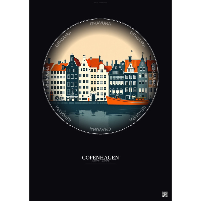 Affiche Copenhagen – Poster illustration vintage – Famous Viewpoint Of Copenhagen | Gravura – Fond foncé