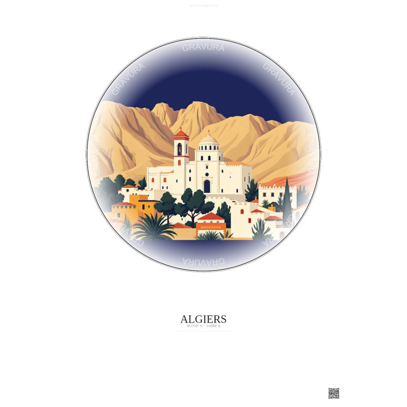 Affiche Algiers – Poster illustration vintage – Basilica Of Notre Dame D Afrique | Gravura – Fond clair