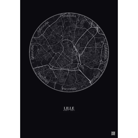 Affiche Lille – Poster carte de ville 5km | Gravura – Fond foncé