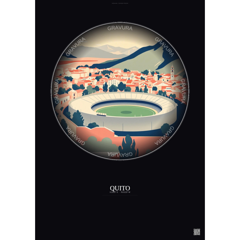 Affiche Quito – Poster illustration vintage – Estadio Olimpico Atahualpa | Gravura – Fond foncé