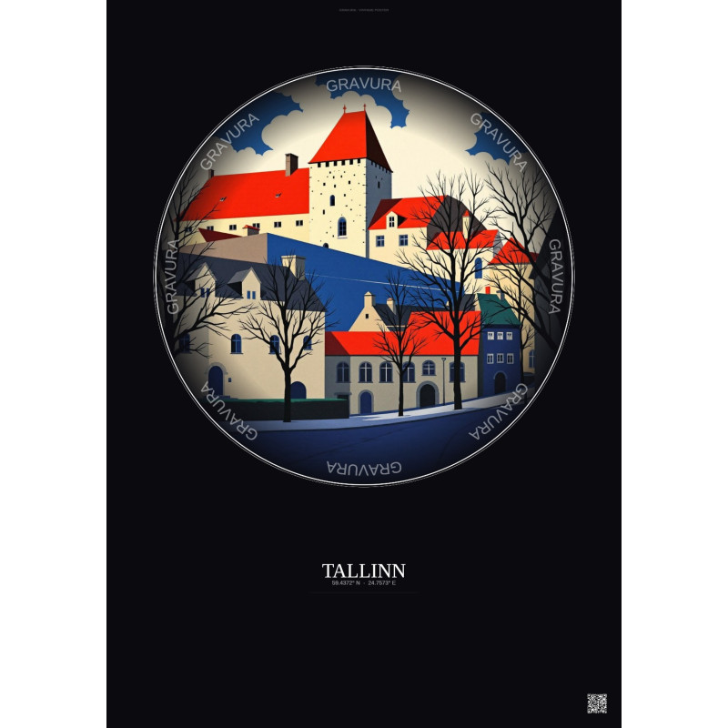 Affiche Tallinn – Poster illustration vintage – Banned Books Museum | Gravura – Fond foncé