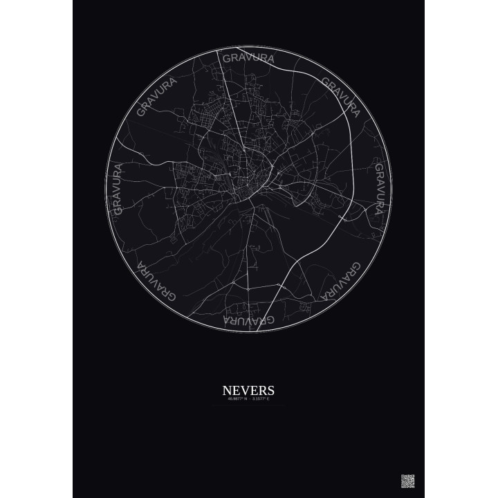 Affiche Nevers – Poster carte de ville 5km | Gravura – Fond foncé
