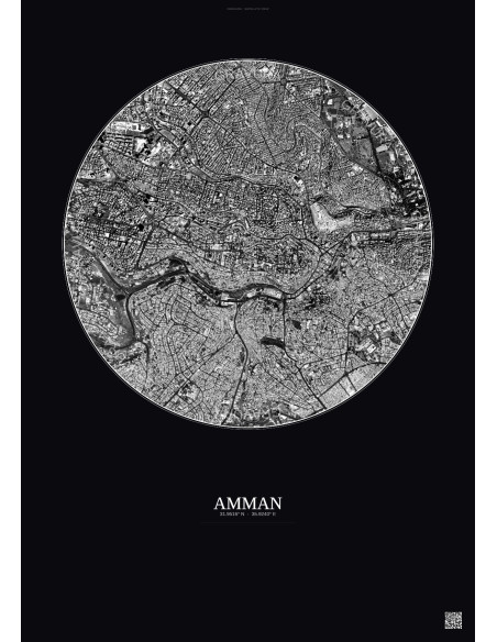 Affiche Amman – Poster vue satellite 2.5km N&B | Gravura – Fond foncé