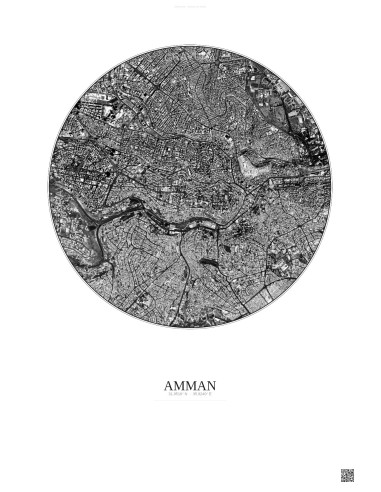 Affiche Amman – Poster vue satellite 2.5km N&B | Gravura – Fond clair