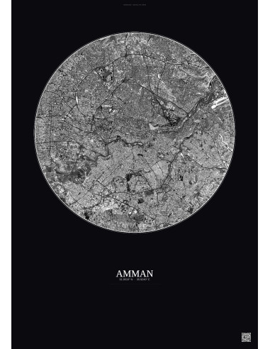 Affiche Amman – Poster vue satellite 6km N&B | Gravura – Fond foncé