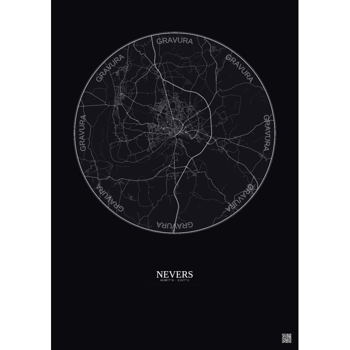 Affiche Nevers – Poster carte de ville 10km | Gravura – Fond foncé