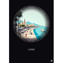 Affiche Cannes – Poster illustration vintage – Promenade De La Croisette | Gravura – Fond foncé