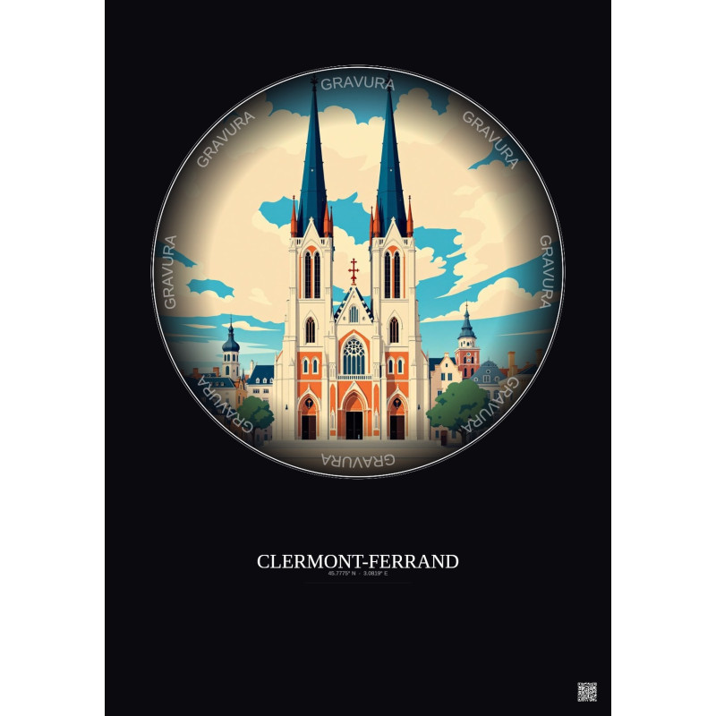 Affiche Clermont Ferrand – Poster illustration vintage – Cathedrale Notre Dame De L Assomption De Clermont Ferrand | Gravura – F