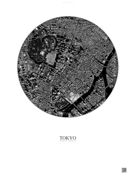 Affiche Tokyo – Poster vue satellite 2.5km N&B | Gravura – Fond clair