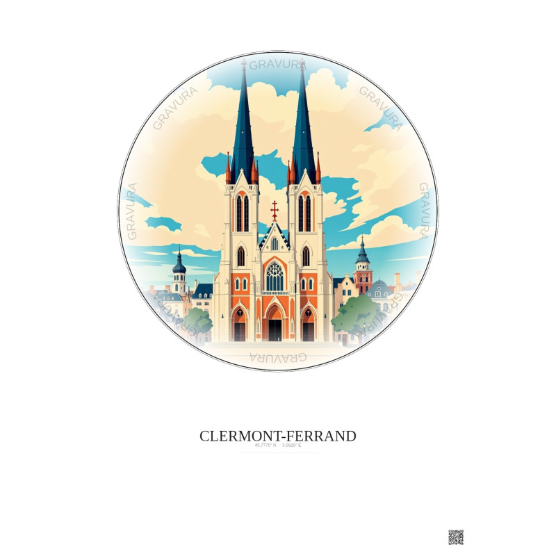 Affiche Clermont Ferrand – Poster illustration vintage – Cathedrale Notre Dame De L Assomption De Clermont Ferrand | Gravura – F