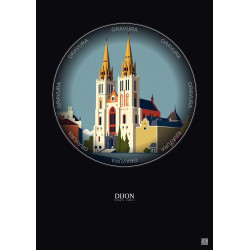 Affiche Dijon – Poster illustration vintage – Cathedrale Saint Benigne De Dijon | Gravura – Fond foncé
