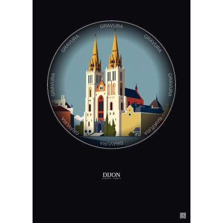 Affiche Dijon – Poster illustration vintage – Cathedrale Saint Benigne De Dijon | Gravura – Fond foncé