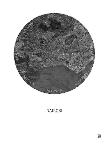 Affiche Nairobi – Poster vue satellite 10km N&B | Gravura – Fond clair