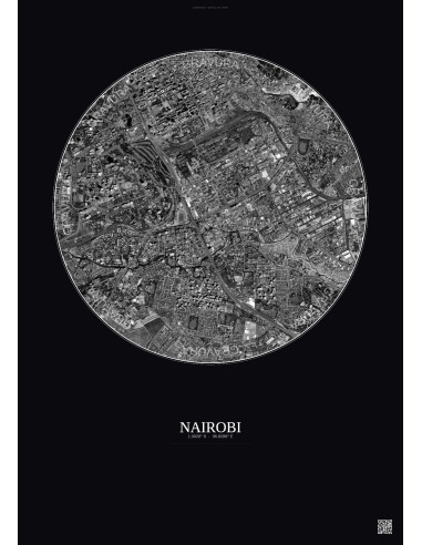 Affiche Nairobi – Poster vue satellite 2.5km N&B | Gravura – Fond foncé